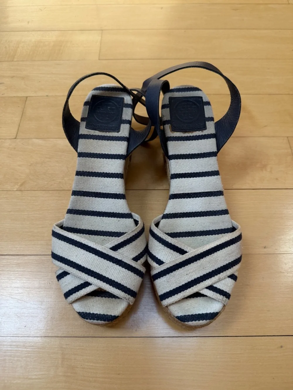 Tory Burch Striped Canvas Karissa Espadrille Wedge Sandal Ankle Strap Size 9